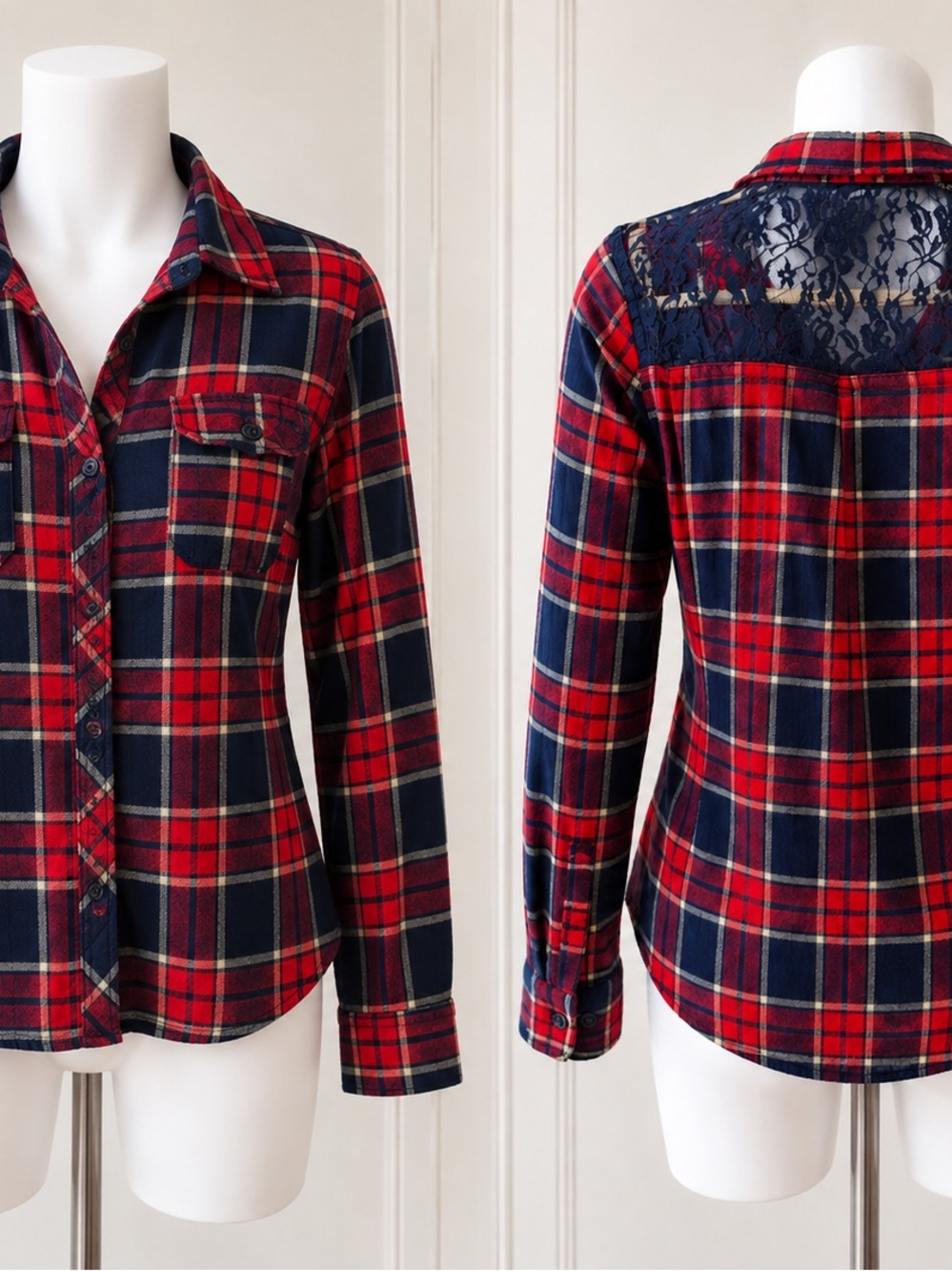 Wet Seal Plaid Flannel Shirt Womens Large Red Blue Button Front Cotton lace back